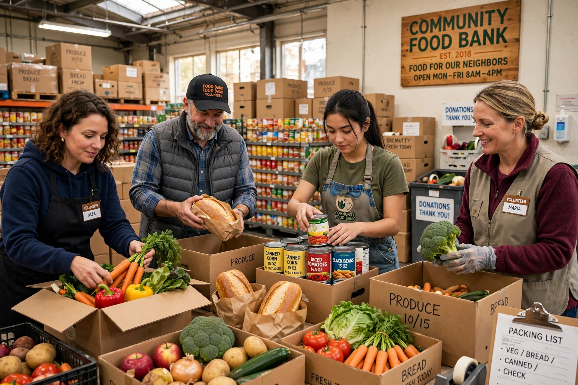 Volunteers packing food boxes at a community food bank
